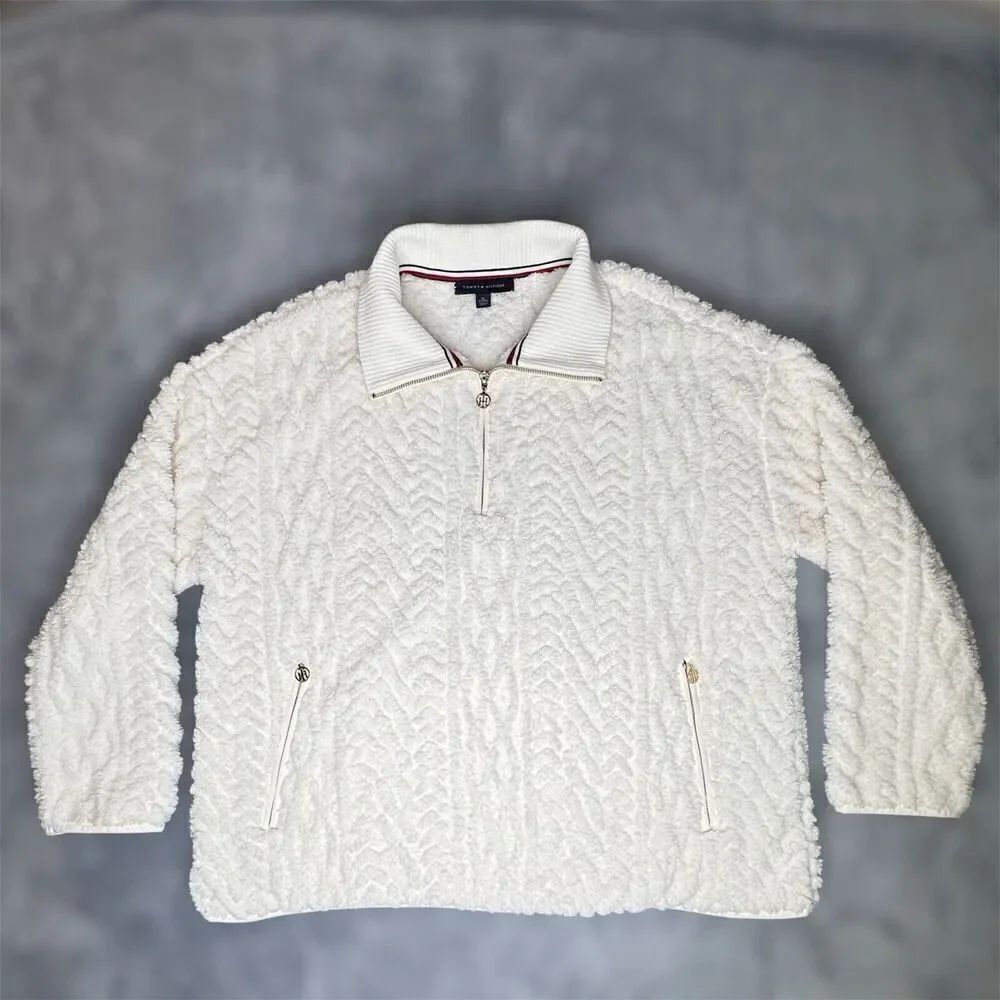 Tommy Hilfiger Sz XL Women's Mock-Neck Cable Knit Fleece Zipper Cozy Fluffy NICE